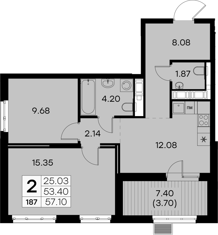 2-комнатная квартира 57.1 м², 7/7 эт., ЖК «Glorax City Балтийская»